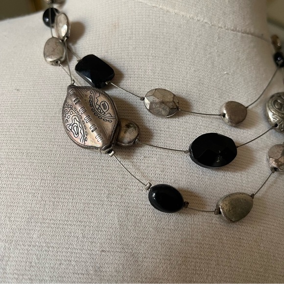Chicos multi Strand Silver Black Floating Collar beaded stone statement Necklace - Picture 7 of 8